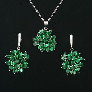 White Gold Toned And Green Gemstone Necklace And Earring Set